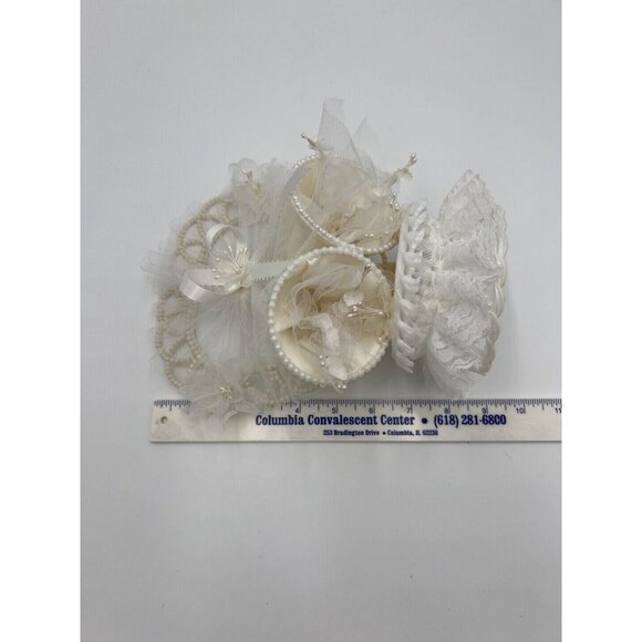 Vintage Ivory Lace Heart Shaped with Wedding Bells Tulle Flowers Cake Topper - Picture 10 of 13